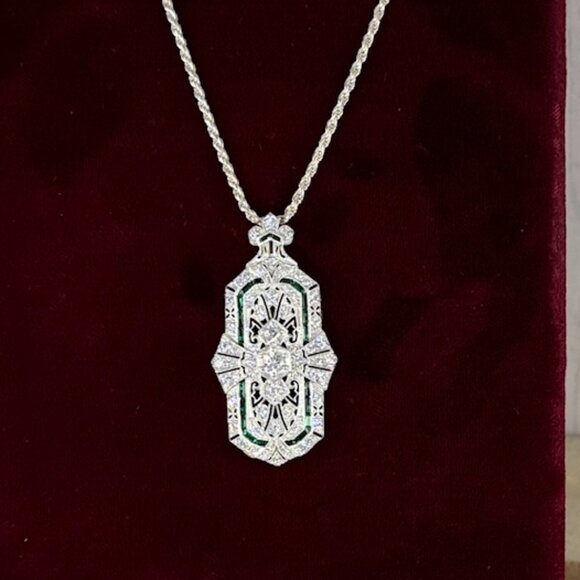 Roaring 20's Art Deco Reto Sterling Silver Lab Created Diamond & Emerald Pendant - Picture 7 of 13